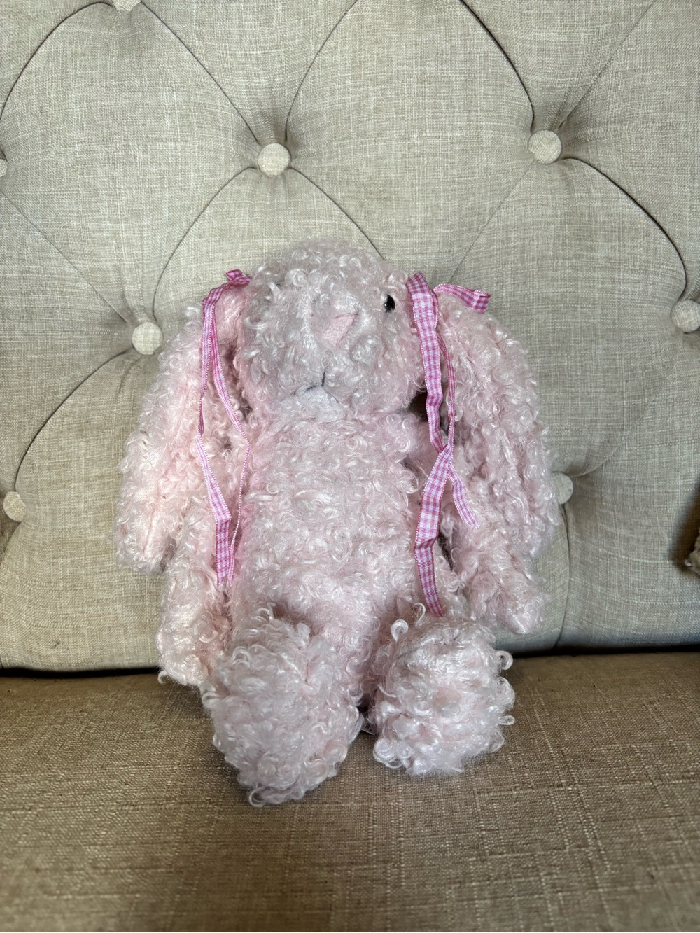Plush Curly Pink Bunny with Gingham Ribbon